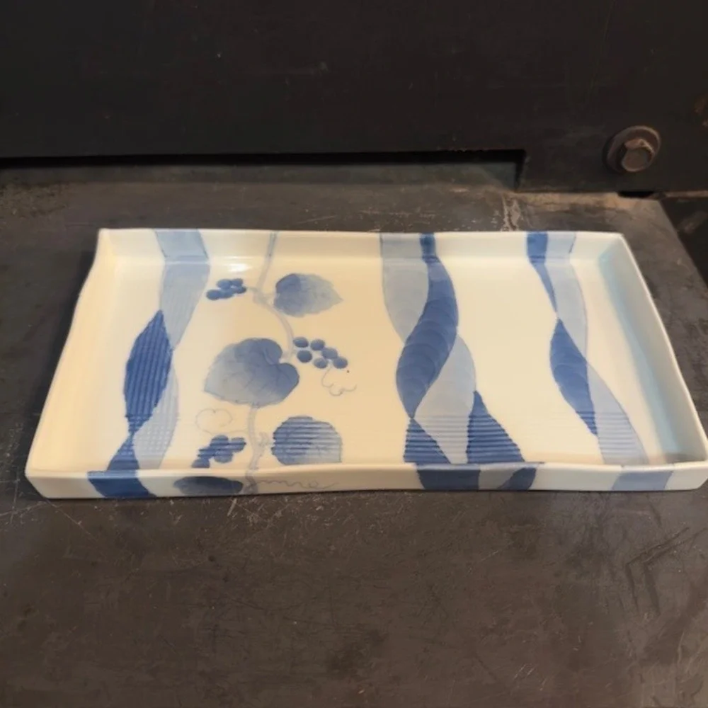 Japanese Ceramic Rectangular Sushi Serving Dish Blue White Vine Leaves Pattern